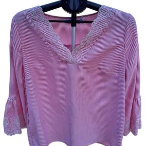 Rafaella Women's Striped V Neck Blouse Red and White XL